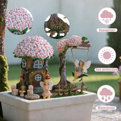 Miniature 8 Pcs Mini Garden Furniture, Fairy Garden Accessories Kit, Resin Figurines with Swing Set, Whimsical Theme, for Outdoor Patio, Yard, Lawn, or Desk