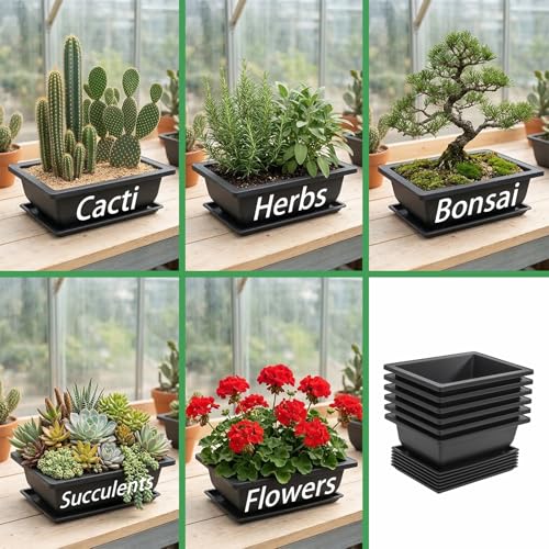 Yesland 6 Pack Bonsai Training Pots - 9 Inches Classic Deep Humidity Trays with Built in Mesh - Plastic Square Pot & Bonsai Plants Growing Pots