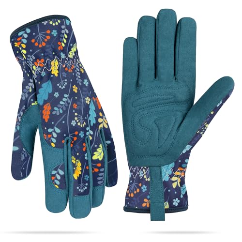 Womens Gardening Weeding Working Gloves, Leather Garden Glove for Women Thorn Proof No Stab for Digging, Planting,Pruning - color: Large-leaf Blue