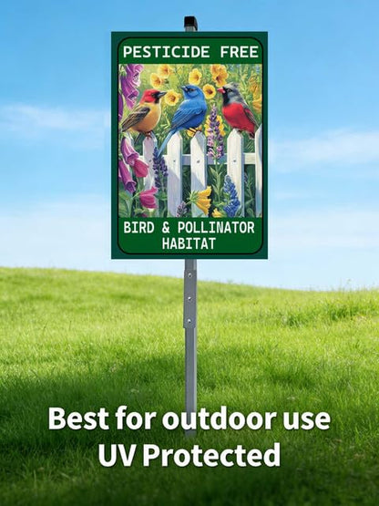 Garden Signs 28" Tall Stake, Pesticide Free Bird & Pollinator Habitat, High-Contrast Metal Print Yard Sign, 8" x 12" - color: c2, size: Silver Sleeve 28" Ht