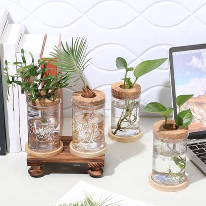 12 Pack Plant Propagation Jars Cork Lids Bamboo Stand,Awesome | Glass Vases for Water Propagation, Desktop Planters Wood Stand, Office Home Decor, Teacher Thank You Gifts, Quotes Art