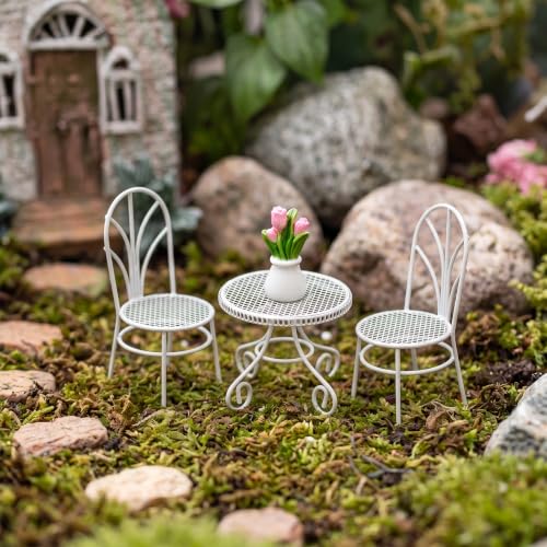 Miniature Bistro Table and Chair Set with Tulip Pot, 1/12 Dollhouse 4Pcs Solid Metal Miniature Furniture, Tiny Garden Decor for Adults DIY, White - color: White