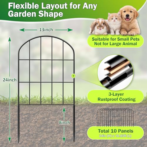 24in (H) x 11ft (L) Decorative Garden Fence Panels 10 Pack No Dig Fencing, Rustproof Metal Wire Garden Fence Border, Small Animal Barrier Fence for Dog - size: 10.83 ft(L) X 24 in(H) ,10 pack