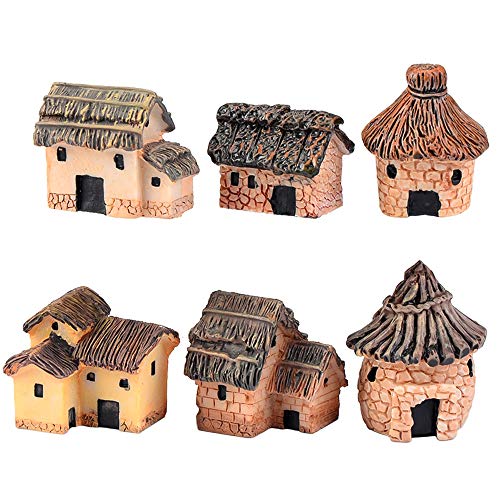 6PCS Fairy Garden Mini House Accessories, Miniature Village Hut Figurine Cottage, DIY Micro Landscape Decor Ornaments, for Bonsai, Succulent Planting, Terrarium, Flower Pots