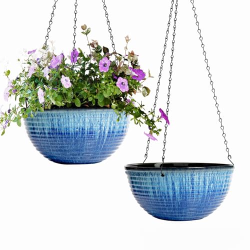 10 Inch Hanging Planters, Glazed Hanging Basket with Drainage Holes, 2 Pack - color: Blue Flow Glaze, size: 10inch
