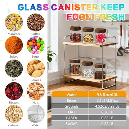 10 oz Glass Jars Set of 2, Spice Jar Round Storage Canister with Airtight Wooden Lid Clear Glass Food Jar for Pantry Sugar Tea Coffee Bean Spice Cookies Bath Salts (10oz/300ml-2 pack-with spoon) - color: 10oz/300ml-2 pack-with spoon