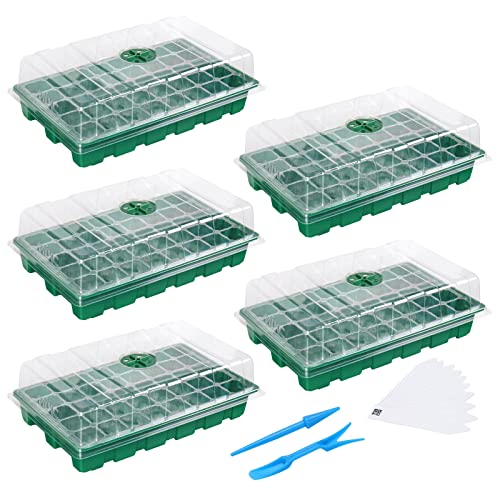 MIXC 5 Pack Seed Starter Tray, 200Cell Mini Propagator Greenhouse Grow Kit | Reusable Plant Germination Tray with Drainage Hole/Humidity Vent Dome, Green Seedling Tray for Indoor Outdoor Planting Seed - color: Green, size: 40-Cell 5-Pack