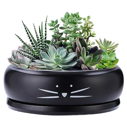 Koolkatkoo 8 Inch Cat Ceramic Succulent Planter Pot with Drainage Hole and Tray Flower Pot for Indoor and Outdoor Plants Round Shallow Planter Gifts for Cat Lovers Black - color: Black