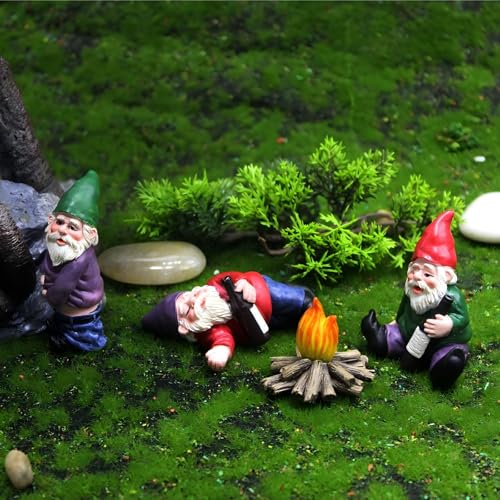 Miniature Garden Gnome Set with Campfire, 4 Piece Funny Gnome Figurines, Decorative Outdoor and Indoor Plant Pot Ornaments - style: Funny Gnomes