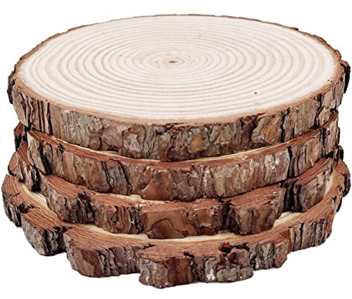 Natural Round Discs Rustic Wood Slices 4 PCS 8.2-9 inch Unfinished Wood kit Circles Crafts Tree Slices with Bark Log Discs for DIY Arts and Wedding Party Potluck Banquet Ornaments Decorations - size: 4 Pcs 8.2-9 inch