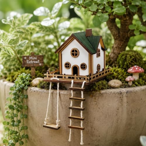 Fairywood Mini Treehouse for Indoor Plant Pots, Fairy Gardens | Whimsical woodland décor for planters, moss gardens, terrariums & desktop décor, charming gift for plant lovers & gardeners - style: Fairywood