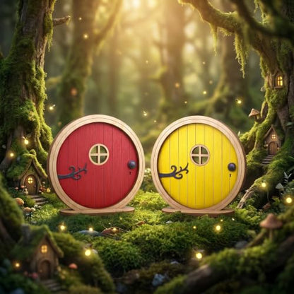 2 Pcs Fairy Doors for Trees Outdoor, Yellow & Red Boxwood Fairy Garden Door for Tree Trunk, Mini Gardens Sculpture Lawn Ornament, Gardens Miniatures (3.94 x 3.82 x 0.20 in)