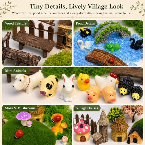 90Pcs Fairy Garden Kit Complete Miniature Figurines Accessories Set with Faux Moss Moss Houses Mushrooms Animals Trees Windmill Fences Pond Decor for Indoor Outdoor Lawn Plant Pots