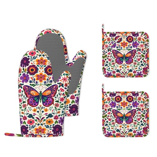 Butterfly Flowers Heat-Resistant Silicone Oven Mitts and Pot Holder 4 Piece Set,Vintage Non-Slip Kitchen Oven Gloves for Baking, BBQ, Cooking,Grilling - color: Butterfly Flowers Vintage