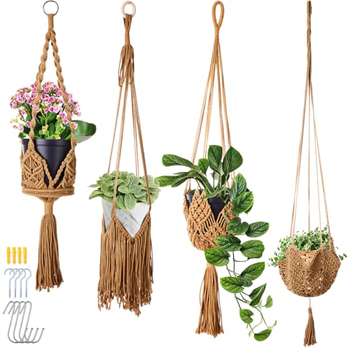 4 Packs Macrame Plant Hangers Indoor Hanging Planters, Brown - color: Brown