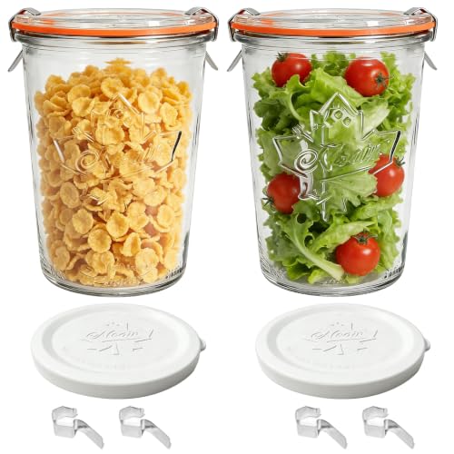 2 Pack Sourdough Starter Jar,27oz Glass Storage Containers with Glass Lids &Plastic Lids,Airtight Wide Mouth Jars for Pickling,Overnight Oats,Salad