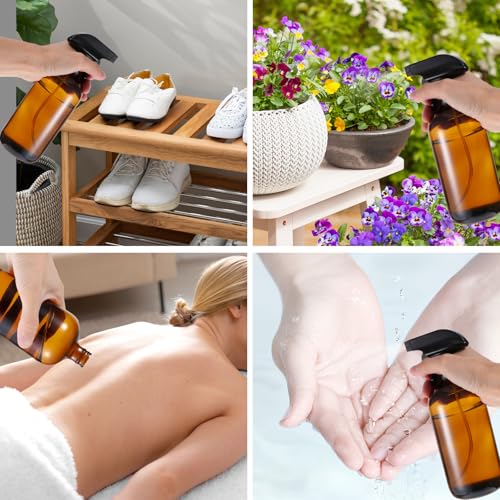 6 Pack Amber Glass Spray Bottles, Refillable 16 oz Empty Bottle with Durable Adjustable Nozzles for Cleaning Solution, Spray Bottles for Hair, Plants, Cleaner, Essential Oil