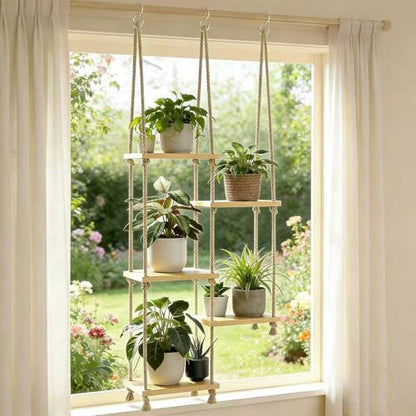 Window Plant Shelves for Indoor Plants Plant Shelf Indoor Wall Mounted Hanging Plant Stand with Wooden Shelves for Windowsill Boho Indoor Plant Shelf for Window Sill