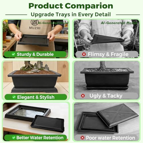 MUZHI 3PCS Retro Style Rectangular Garden Pots Bonsai Planters Pot with Tray Mocha Plastic Plant Pot with Pallet (3PCS Rect 7.5") - size: 3PCS Rect 7.5"
