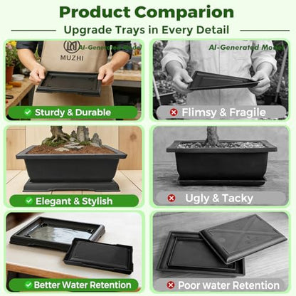 MUZHI 3PCS Retro Style Rectangular Garden Pots Bonsai Planters Pot with Tray Mocha Plastic Plant Pot with Pallet (3PCS Rect 7.5") - size: 3PCS Rect 7.5"