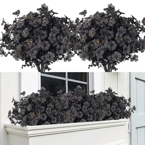 RECUTMS 12Pcs Artificial Black Flowers Realistic Faux Plants Halloween 14'' - color: Eviolet Black