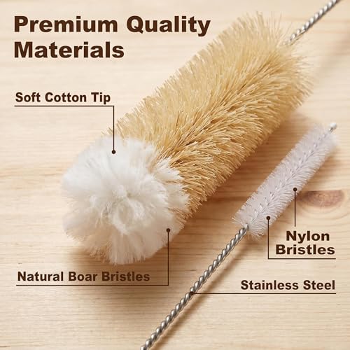Narrow Bottle Brush Set Small Bottle Brushes Thin Long Handle Bottle Brush | 4 Pack with Natural Boar Bristle & Soft Cotton Tip, 304 Stainless Steel Handle,for Water Bottles, Test Tubes, Straws
