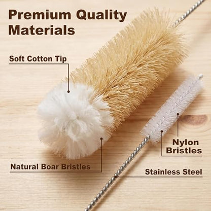 Narrow Bottle Brush Set Small Bottle Brushes Thin Long Handle Bottle Brush | 4 Pack with Natural Boar Bristle & Soft Cotton Tip, 304 Stainless Steel Handle,for Water Bottles, Test Tubes, Straws
