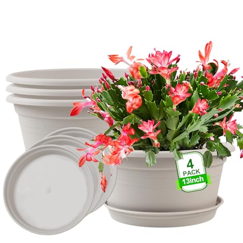Large 4 Pack 13 inch Plant Pots, Round Plastic Pots for Plants with Trays | Outdoor Planters with Drainage Hole & Saucer, Decoration Large Flower Pots for Indoor Outdoor Garden Home Plants (Gray White) - color: Gray White, size: 13 Inch - 4Pack