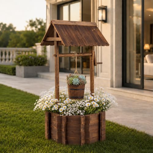 VINGLI Wooden Wishing Well Outdoor Planters, Well Covers for Yard with 2 Reinforced Rods, Height Adjustable Hanging Bucket, Rustic Flower Pot Decor for Outside Patio Garden (Carbonized, 22" Width) - color: Carbonized, size: 22" width