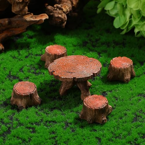 5 Pcs Miniature Table and Chairs Set Ornaments Kit Fairy Garden Accessories - color: Brown Wood