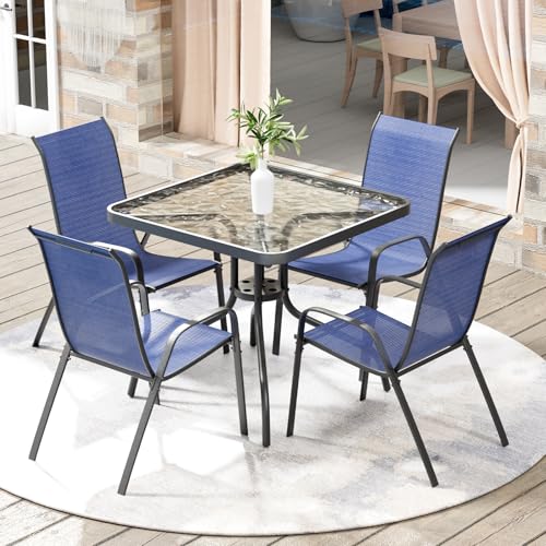 Arlopu 5 Pieces Outdoor Patio Dining Set, Glass Table and Textilene Chair | Stackable Chairs for Saving Space, 30"X30" Table with Metal Frame, 1.69" Umbrella Hole, All Weather for Backyard, Poolside - color: Navy Blue