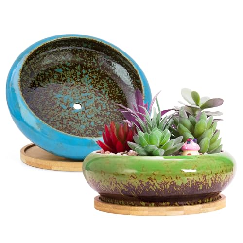 Succulent Pots, 7.3 Inch Succulent Planters with Drainage Pack of 2 - color: Blue/Green