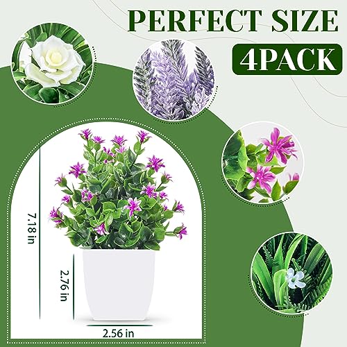 Der Rose 4 Pack Small Fake Plants with Flowers, Bathroom Desk Decor Indoor | UV-resistant fake flowers, varied bloom styles in white pots, for desk shelf bathroom office and spring classroom decor