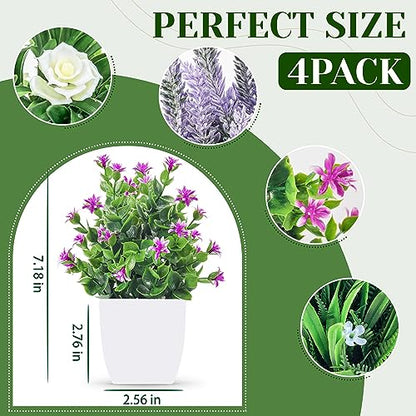 Der Rose 4 Pack Small Fake Plants with Flowers, Bathroom Desk Decor Indoor | UV-resistant fake flowers, varied bloom styles in white pots, for desk shelf bathroom office and spring classroom decor