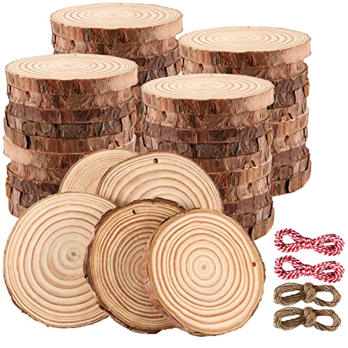 JOIKIT 50PCS 3.5-4 Inches Natural Wood Slices with Pre-drilled Hole, 2/5" Thick Round Ornaments Unfinished Wood Circles Bulk with Bark for Craft Arts, Christmas, DIY Painting, Wedding Decorations - size: 3.5-4 Inch 50 PCS Hole