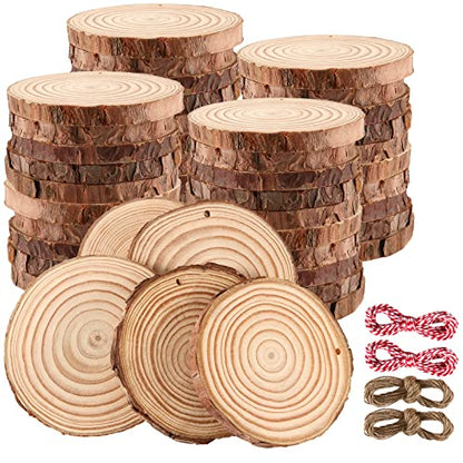 JOIKIT 50PCS 3.5-4 Inches Natural Wood Slices with Pre-drilled Hole, 2/5" Thick Round Ornaments Unfinished Wood Circles Bulk with Bark for Craft Arts, Christmas, DIY Painting, Wedding Decorations - size: 3.5-4 Inch 50 PCS Hole