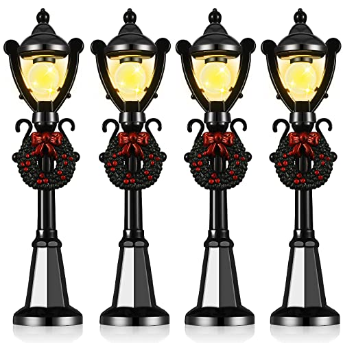 Mudder 4 Pcs 4 Pcs Christmas Miniature Village Lamp Post Light, Minimalist | Vintage Lantern for Dollhouse Pathway, Train Layout, Lighted Black Design with Wreath, Fairy Garden Tabletop Accessory - color: Minimalist Style