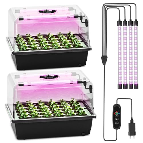 Hon&Guan 2 Pack Self Watering Seed Starter Trays with Growing Lights | 60 Cell Seed Starter Kit with 5.3” Humidity Dome Adjustable Vents 2 mm Thick Plastic Seedling Tray for Germination - color: 2 Set