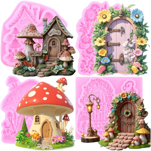 Mujiang Mushroom House Silicone Molds Fairy Door Fondant Mold Set Of 4 | Fairy Garden Home Chocolate Mold Fairy Tale Theme Birthday Cake Decorating Cupcake Topper Candy Polymer Clay Gum Paste - color: Style H