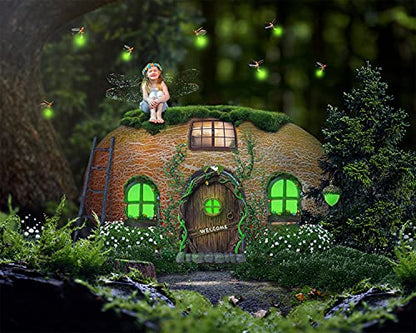 Resin Miniature Fairy Gnome Home Windows and Welcome Door with Fairy Lantern,Glow in Dark Art Sculpture for Trees Outdoor Indoor Garden Yard Wall Decorations