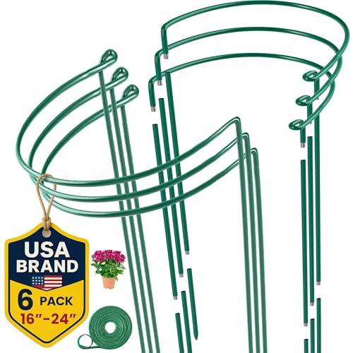 6 Pack Plant Support Stakes – Peony Cages and Supports –10" W x 16" - 24" H | Tall Plant Stakes for Indoor and Outdoor Gardens – Cage Rings for Potted Flowers, Peony, Hydrangea, and Rose Bush - size: 6 Pack