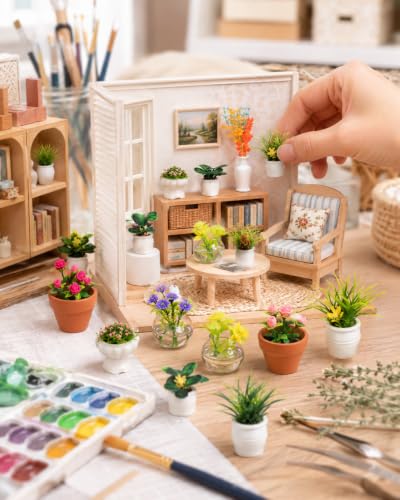 IMIKEYA Miniature Dollhouse Plant Flowers: 15pcs Mini Dollhouse Potted Plants Artificial Tiny Plants Fake Greenery Ornament Potted Plant Flower Model Micro Landscape Dollhouse Furniture Decor