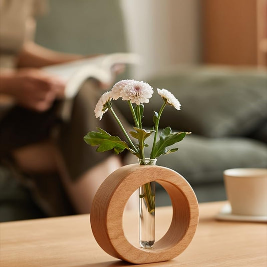 Modern Minimalist Hydroponic Vase with Stand, Propagation Station, Single Stem Bud Vase for Flowers, Aesthetic Scandi Decor for Home Office & Living Room (Wood Color) - color: Wood Color