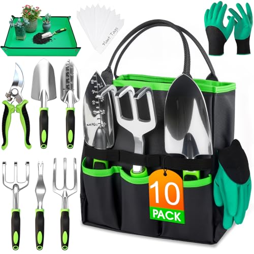 WOWBOX Garden Tools Set, 10 PCS Heavy Duty Gardening Hand Tools Kit, Green | Gardening Tool Set with Storage Tote, Rust-Resistant Gardening Supplies with Non-Slip Ergonomic Handle for Women and Men - style: Black Green