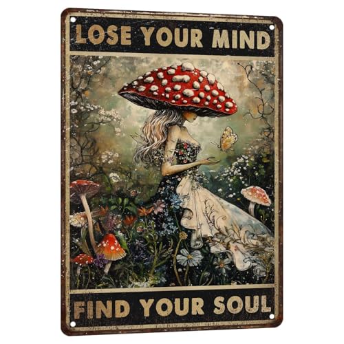 PEACHGARDEN Mushroom Kitchen Decor, Whimsigoth Decor Metal Sign, 8x12 Inch | Vintage mushroom wall decor with Lose Your Mind Find Your Soul artwork for witchy kitchen decor, coffee bars, and bedrooms. - color: Mushroom Kitchen Decor, size: 20X30cm(12*8in)