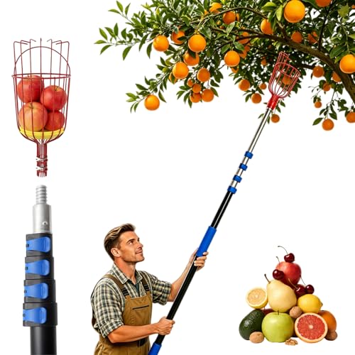 26FT Reach Fruit Picker Pole with Basket Telescoping, 5-20FT Extendable Aluminum Apple Picker for Picking Avocados, Figs, Mangoes, Citrus Fruits - Durable Harvesting Fruit Catcher for Trees - size: 20FT