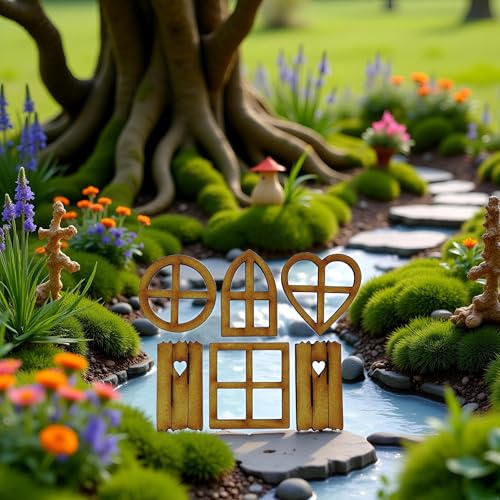 6Pcs Wooden Fairy Garden Door, Blank Door Fairy House Doors and Windows Ornaments Tree Statues for Tree Trunk Yard Decoration Miniature Garden Buildings and Structures Garden Sculptures and Statues