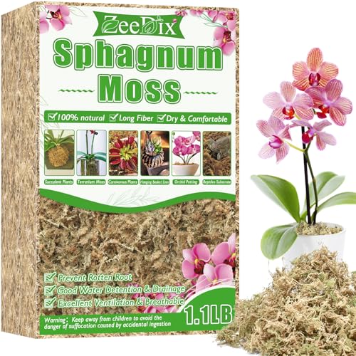ZeeDix 1.1 lb Sphagnum Moss for Plants Indoor, Natural Long Fiber Sphagnum Orchid Moss Bulk for Carnivorous Plants, Succulents, Monstera, Flower & Reptile Terrariums Habitats (Expands to 25 qt) - size: 1.1 pounds