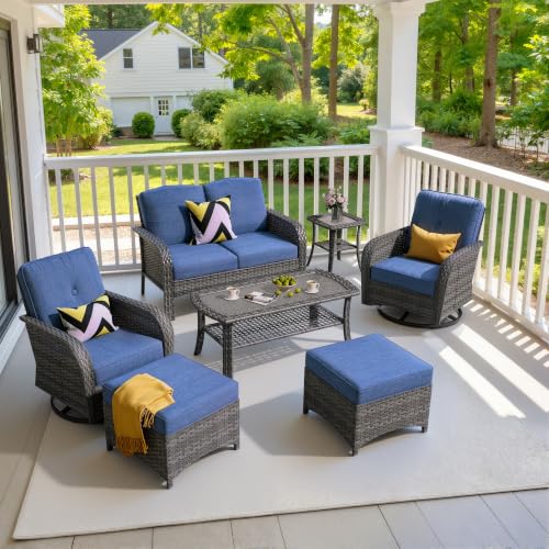 7 Piece Wicker Patio Furniture Set with Swivel Rocker Chairs, Blue - color: Denim Blue, size: 7 Pcs, Ottoman