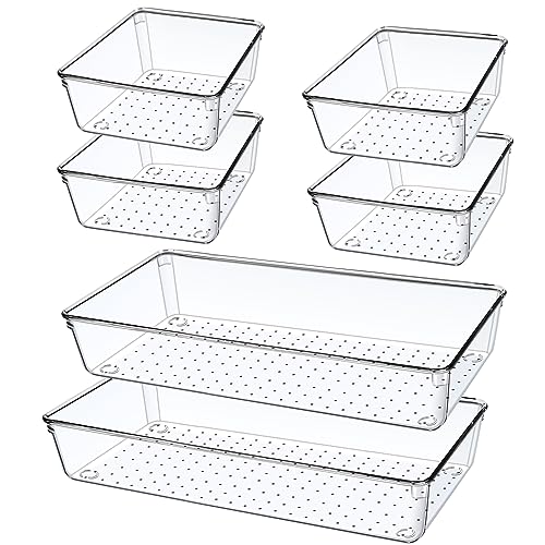 6 PCS Large Size Clear Plastic Drawer Organizer Tray, 12'' Acrylic Vanity Bathroom Drawer Organizers Trays, Desk Drawer Organizer Bins for Cosmetic, Makeup, Kitchen, Office Drawer Divider Organization - size: 12''+6'' (6 Pack)